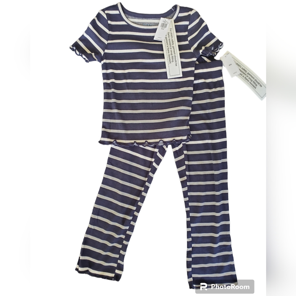 NWT Old Navy Blue/White Rib Knit Lettuce Edge Flared Leg 2 Piece Pajama Size 5